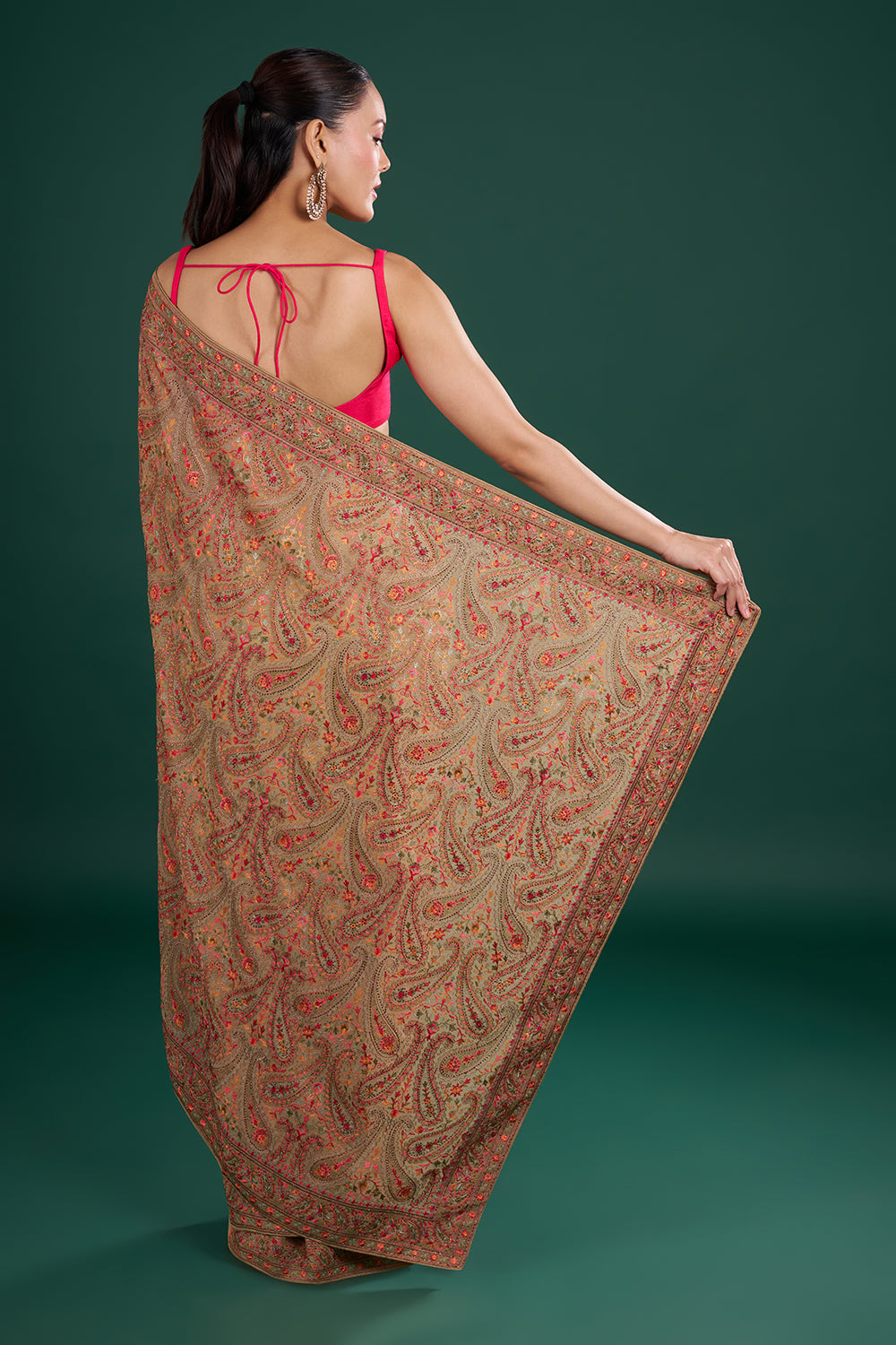 Multi Gold Viscose Georgette Saree with Paisley Embroidery and Unstitched Blouse