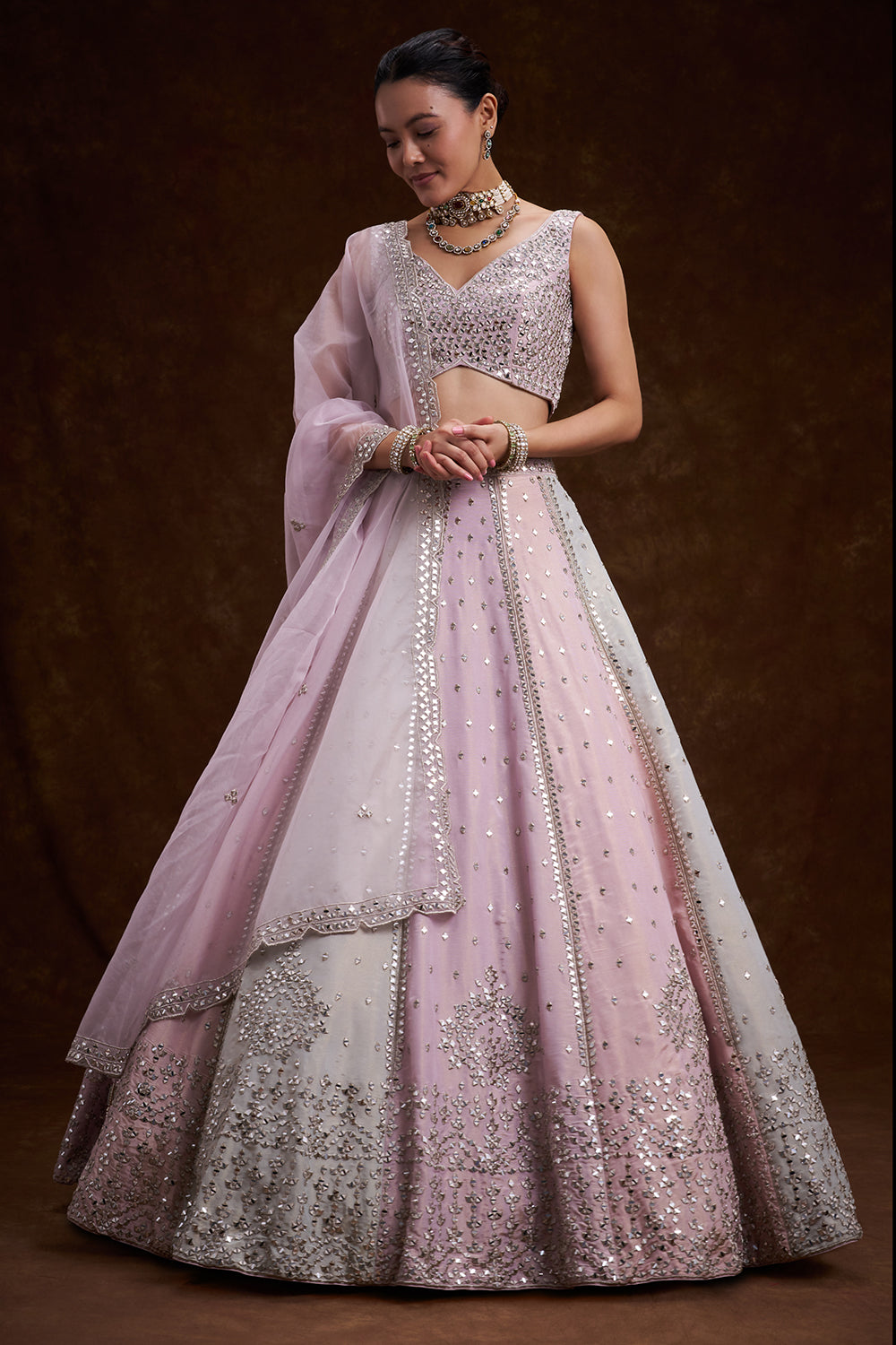 Gold Copper Tissue Silk Contemporary Lehenga with Mirror and Resham Work