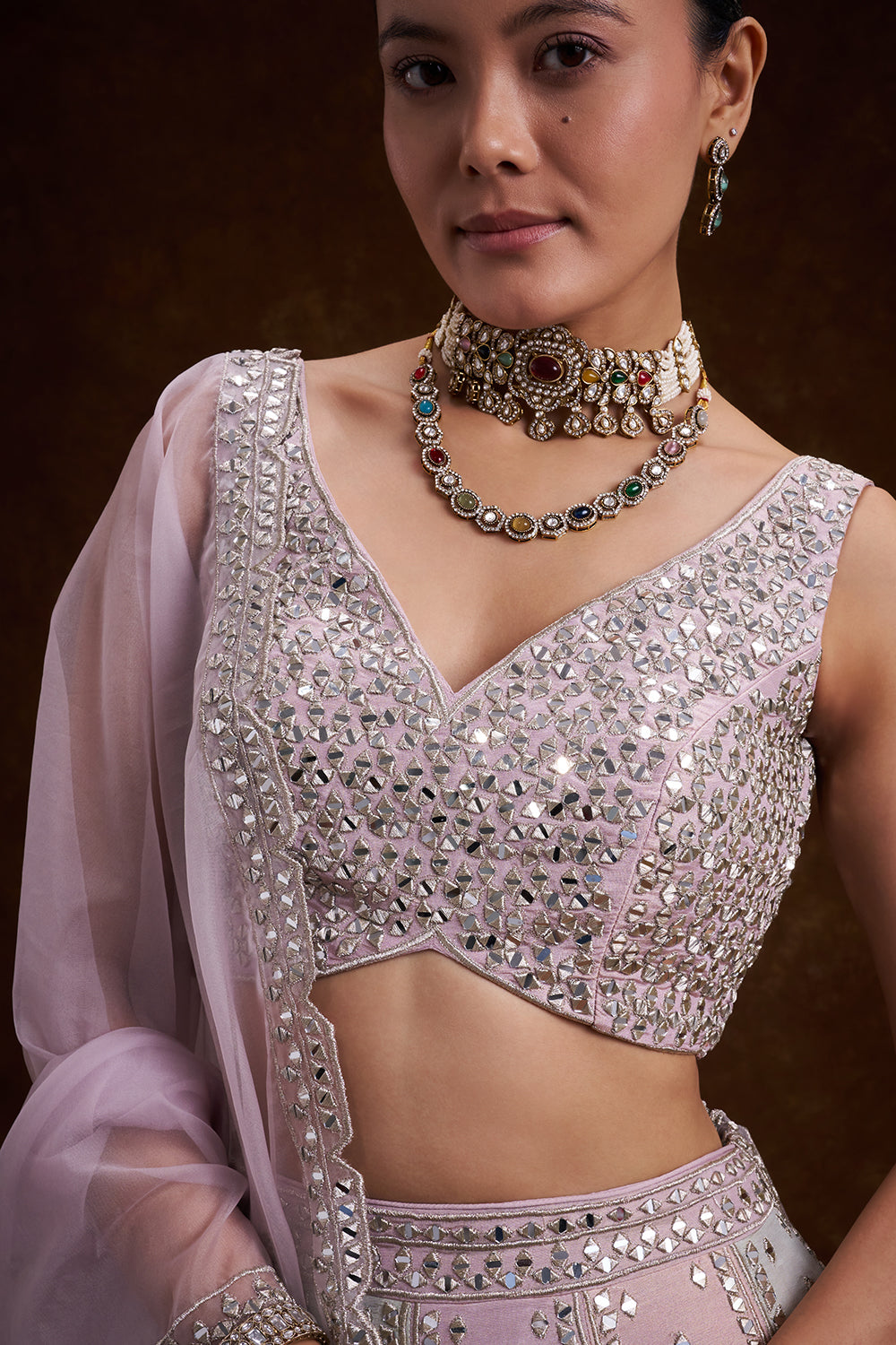 Gold Copper Tissue Silk Contemporary Lehenga with Mirror and Resham Work