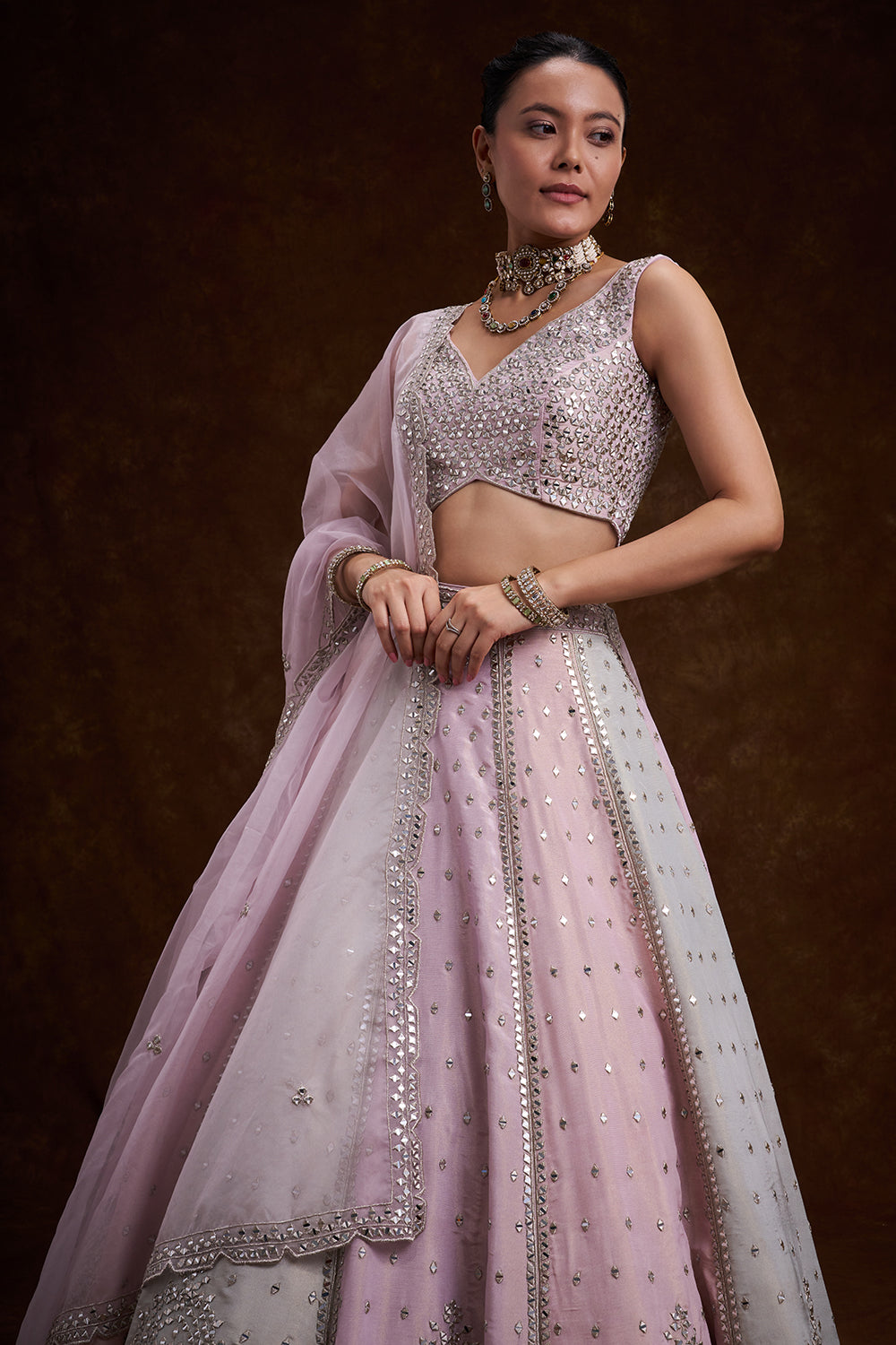 Gold Copper Tissue Silk Contemporary Lehenga with Mirror and Resham Work