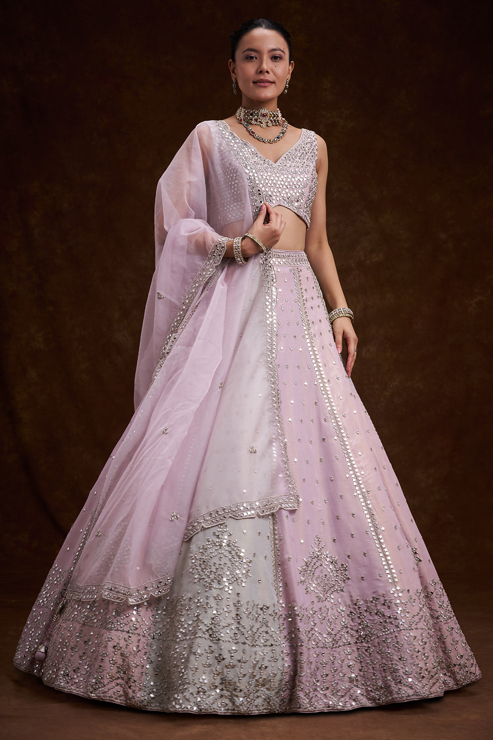 Gold Copper Tissue Silk Contemporary Lehenga with Mirror and Resham Work