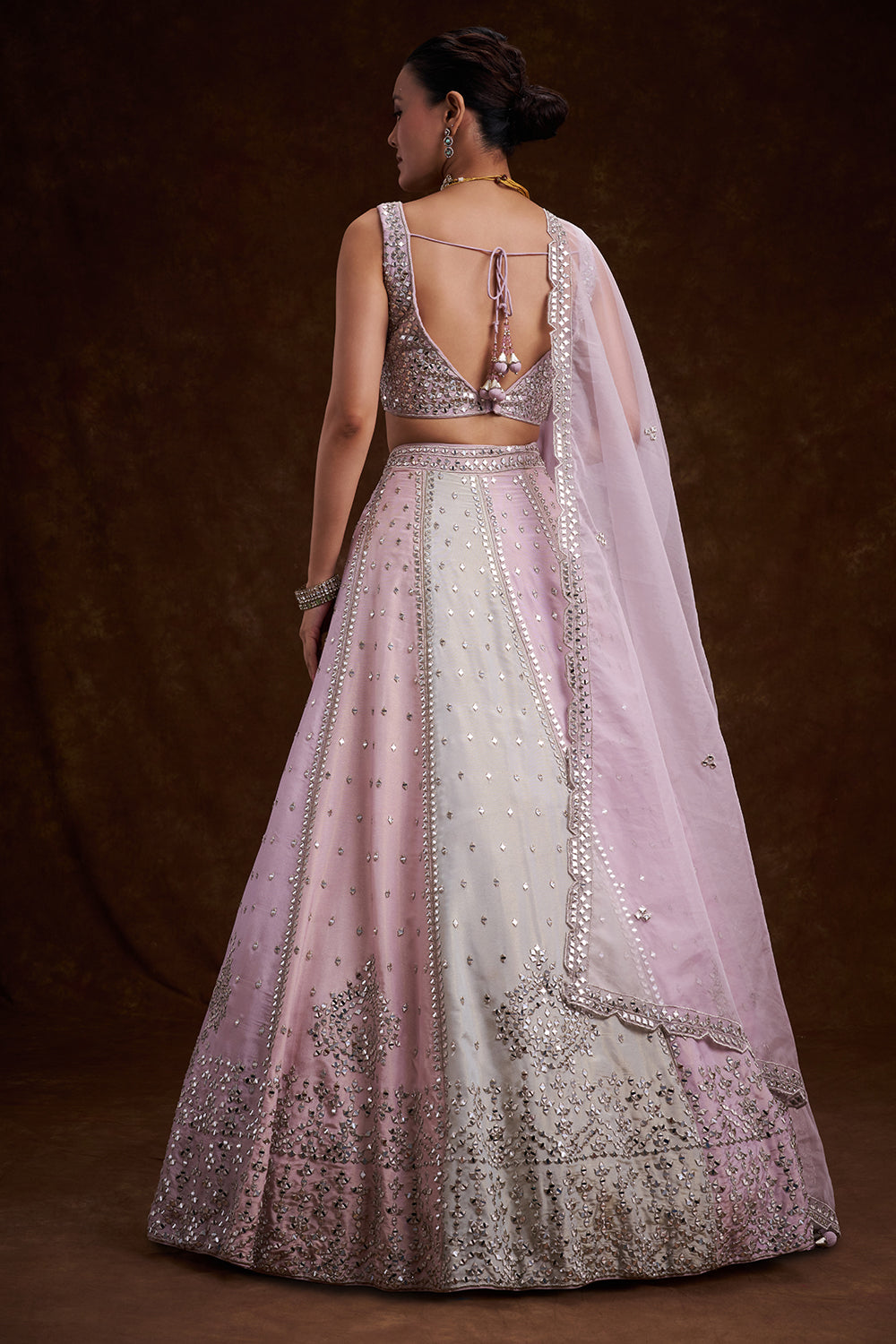 Gold Copper Tissue Silk Contemporary Lehenga with Mirror and Resham Work