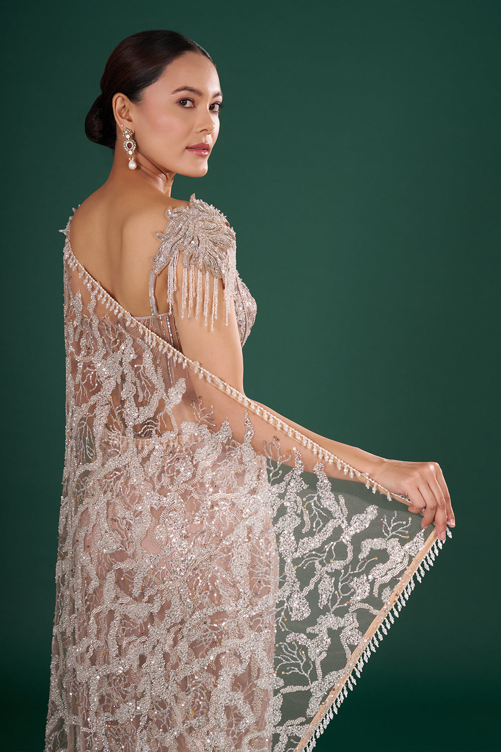 Gold Embroidered Net Saree with Silver Sequin, Cut Dana & Crystal Hand Work