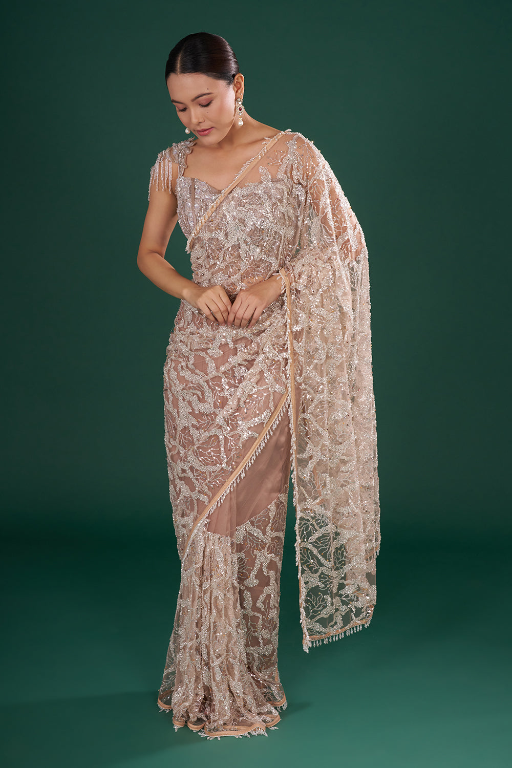 Gold Embroidered Net Saree with Silver Sequin, Cut Dana & Crystal Hand Work