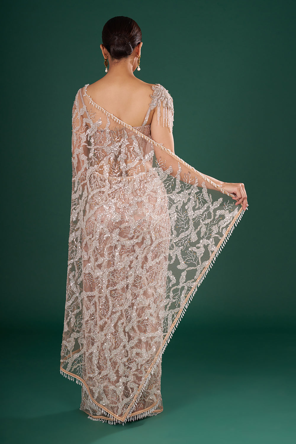 Gold Embroidered Net Saree with Silver Sequin, Cut Dana & Crystal Hand Work