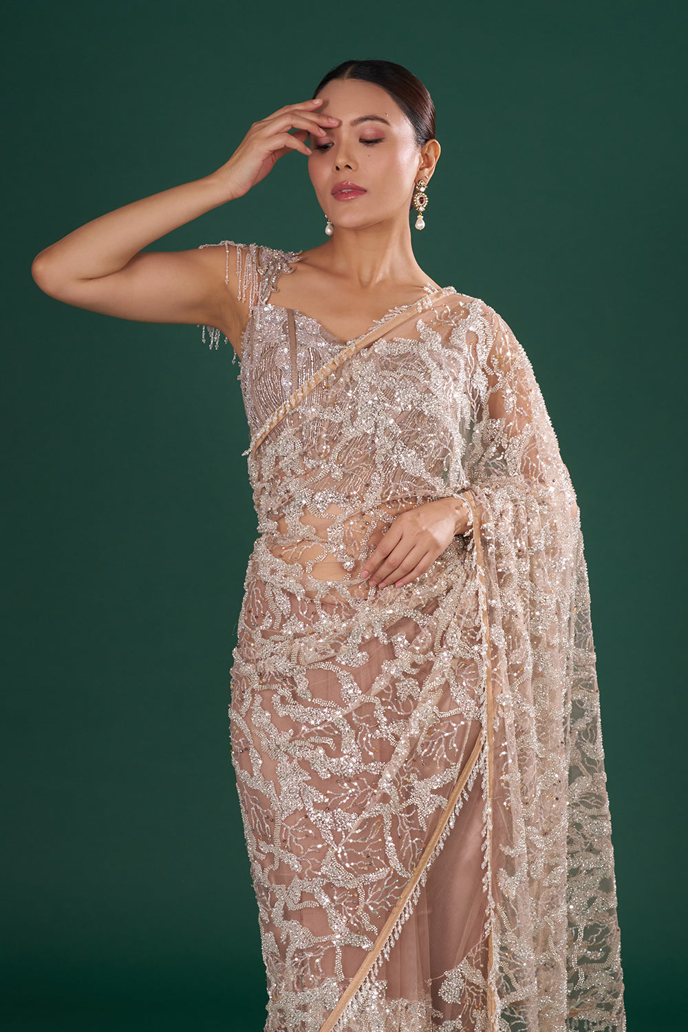 Gold Embroidered Net Saree with Silver Sequin, Cut Dana & Crystal Hand Work