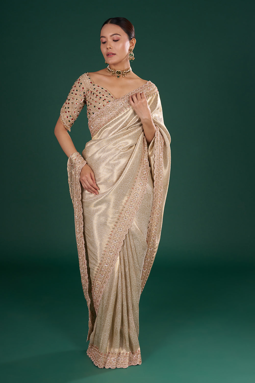Gold Embroidered Shimmer Zari Brocade Saree with Rose Gold Cut Dana