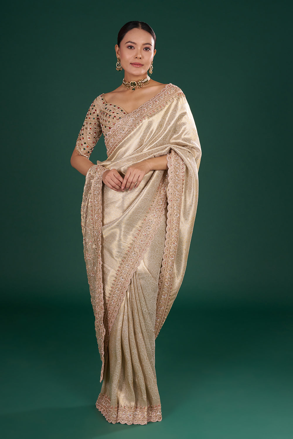 Gold Embroidered Shimmer Zari Brocade Saree with Rose Gold Cut Dana