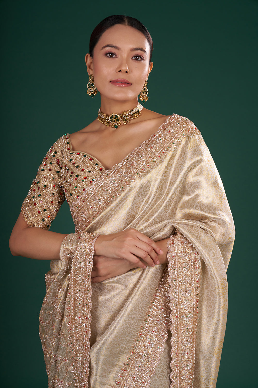Gold Embroidered Shimmer Zari Brocade Saree with Rose Gold Cut Dana
