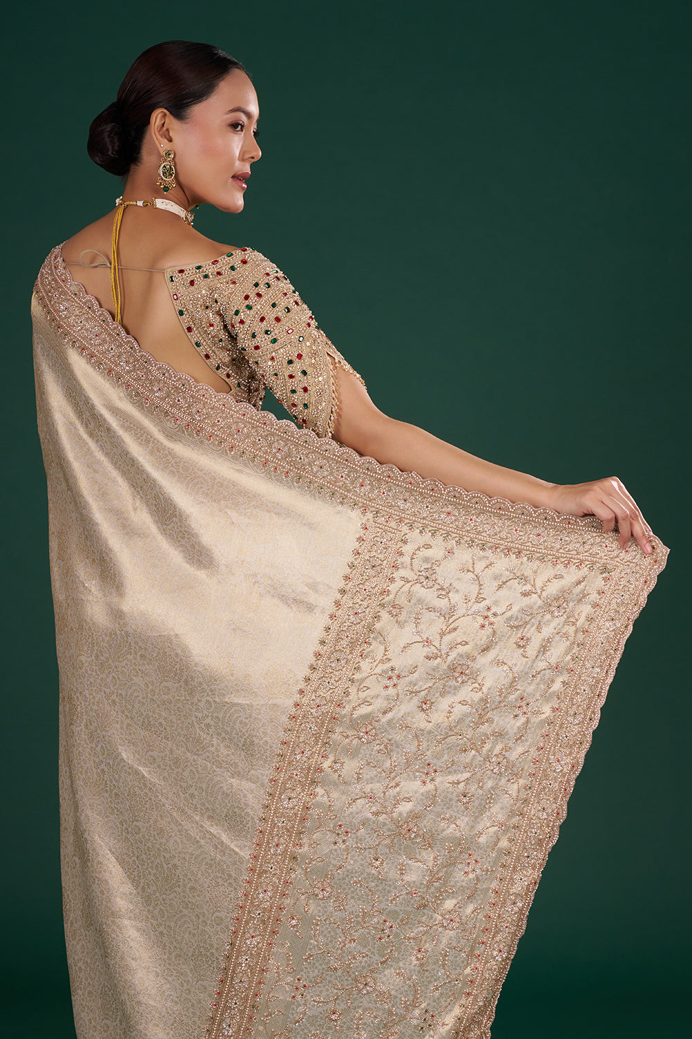 Gold Embroidered Shimmer Zari Brocade Saree with Rose Gold Cut Dana
