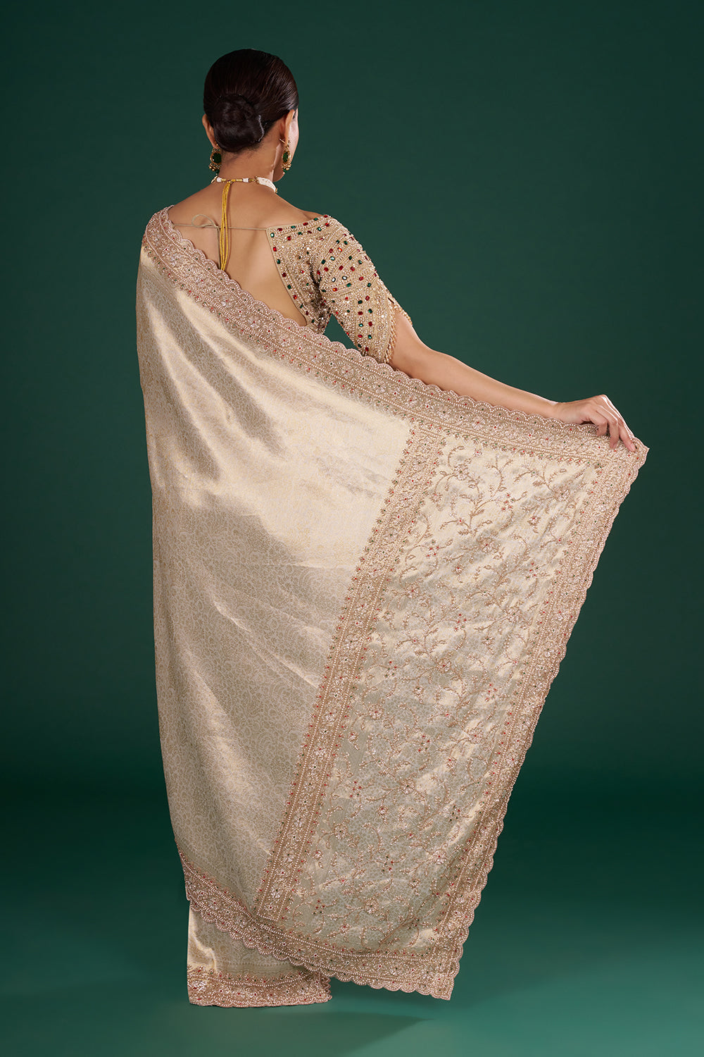 Gold Embroidered Shimmer Zari Brocade Saree with Rose Gold Cut Dana