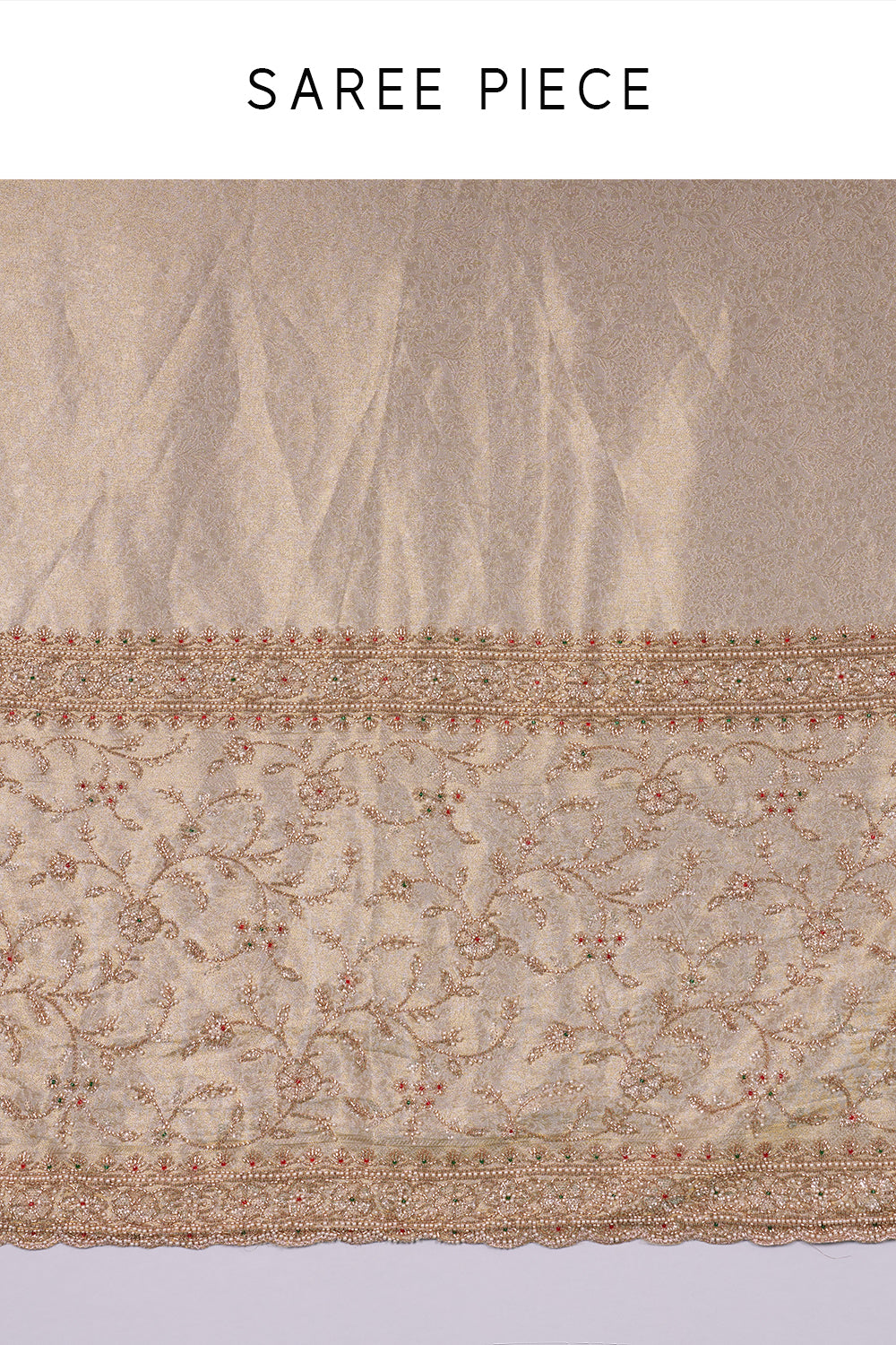 Gold Embroidered Shimmer Zari Brocade Saree with Rose Gold Cut Dana