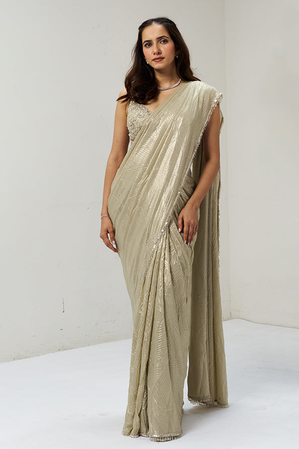 Gold Moti & Stone Embellished Ready Pleated Saree