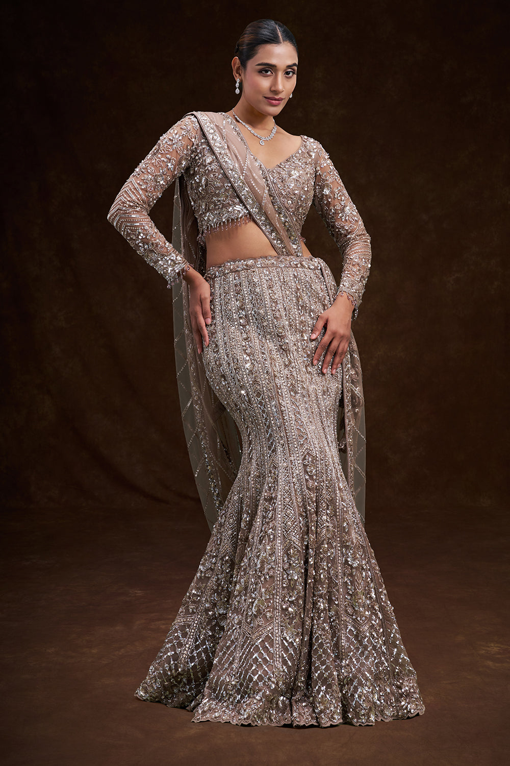Gold Net Bridal Lehenga with Sculpted Sequin and Bead Embroidery