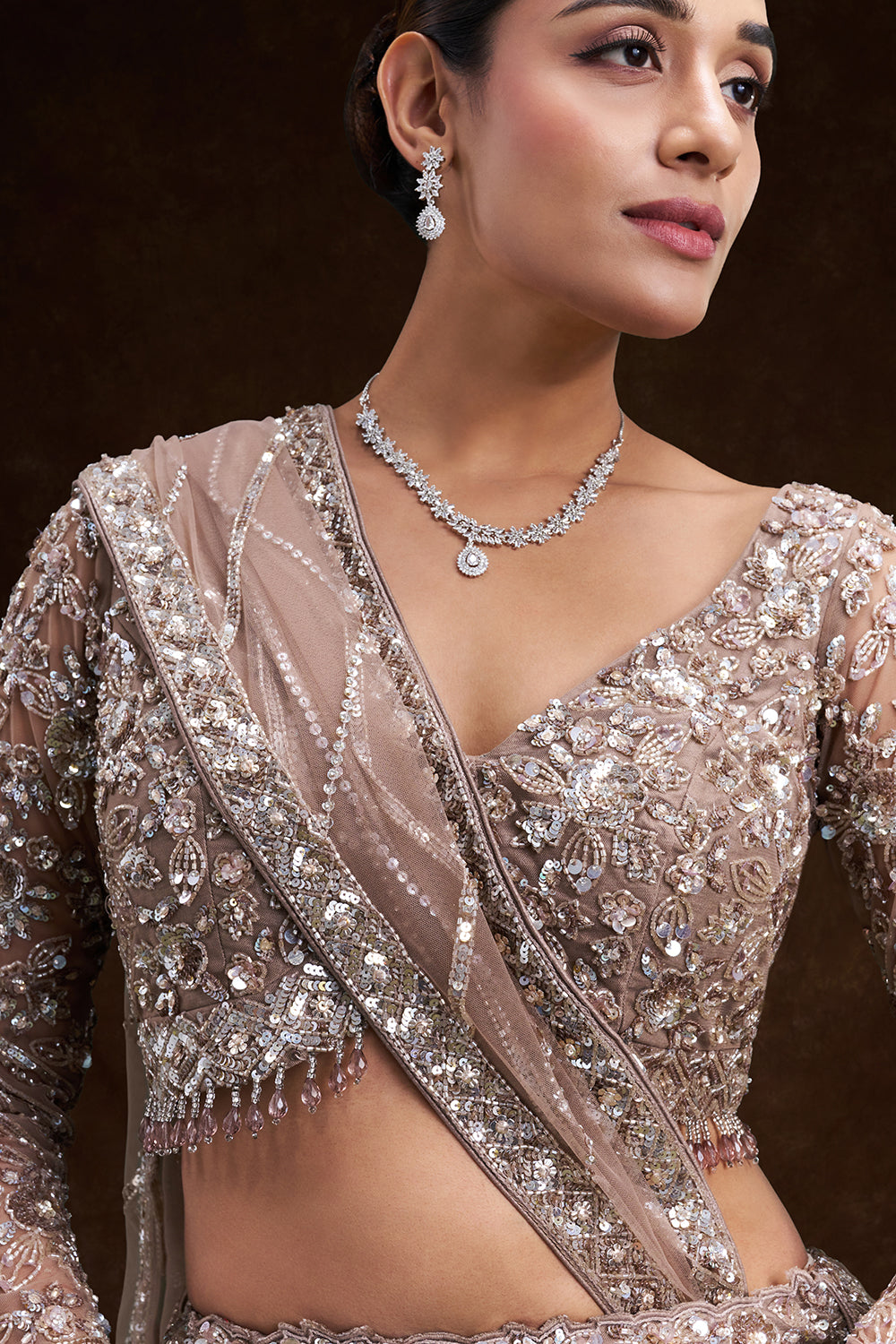 Gold Net Bridal Lehenga with Sculpted Sequin and Bead Embroidery