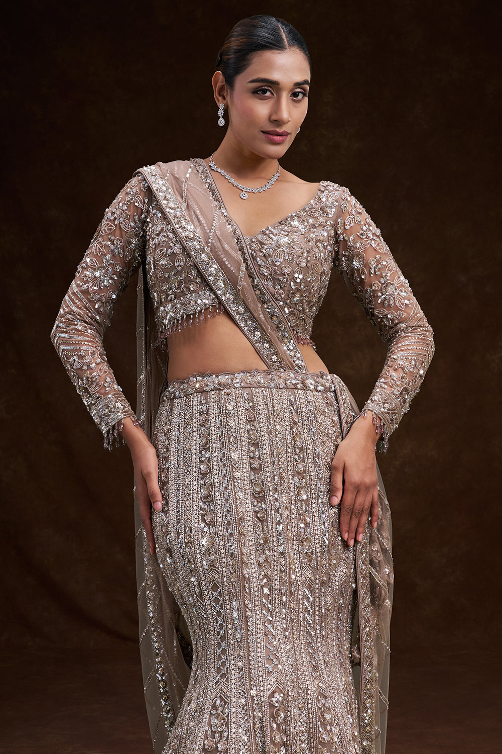 Gold Net Bridal Lehenga with Sculpted Sequin and Bead Embroidery