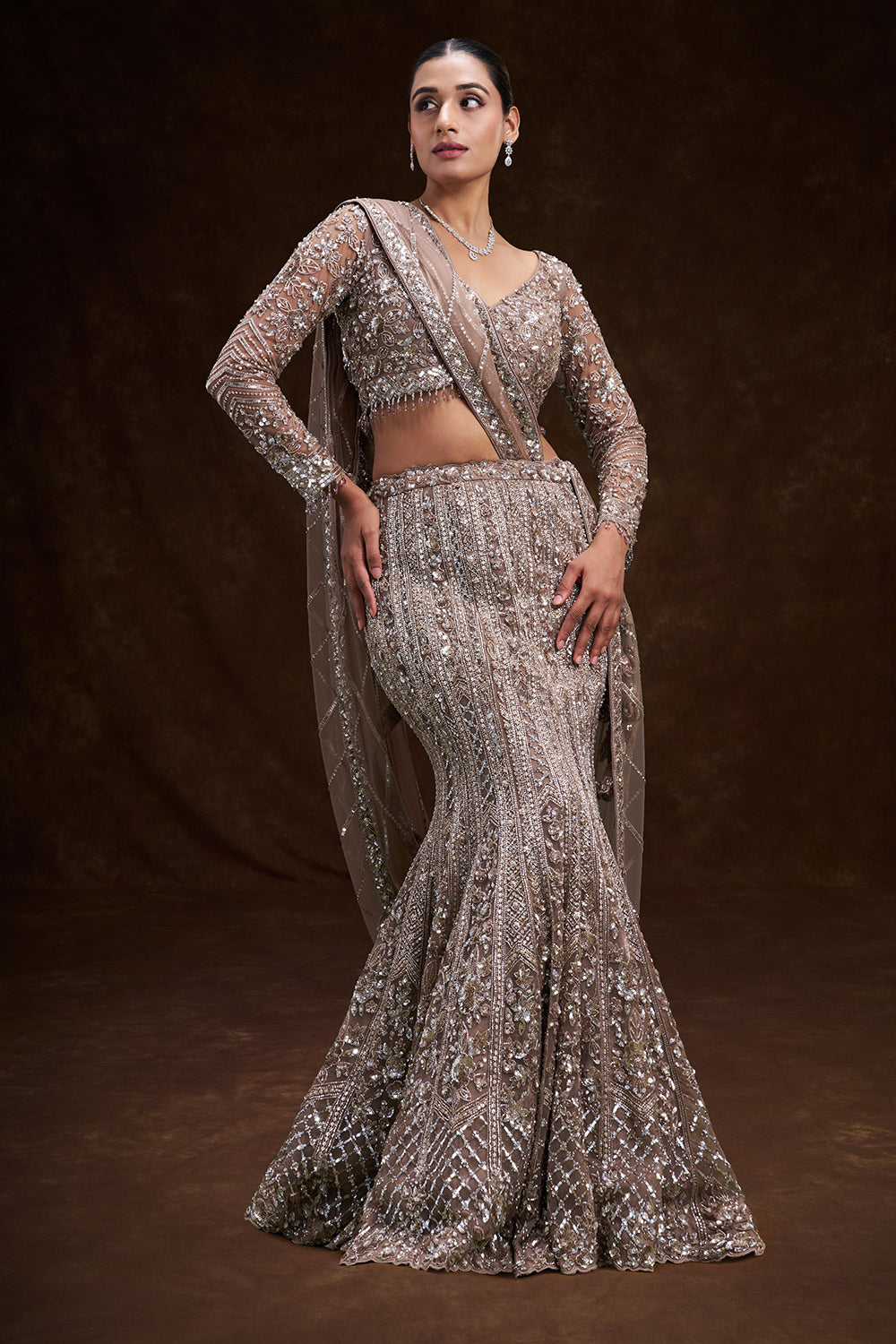 Gold Net Bridal Lehenga with Sculpted Sequin and Bead Embroidery