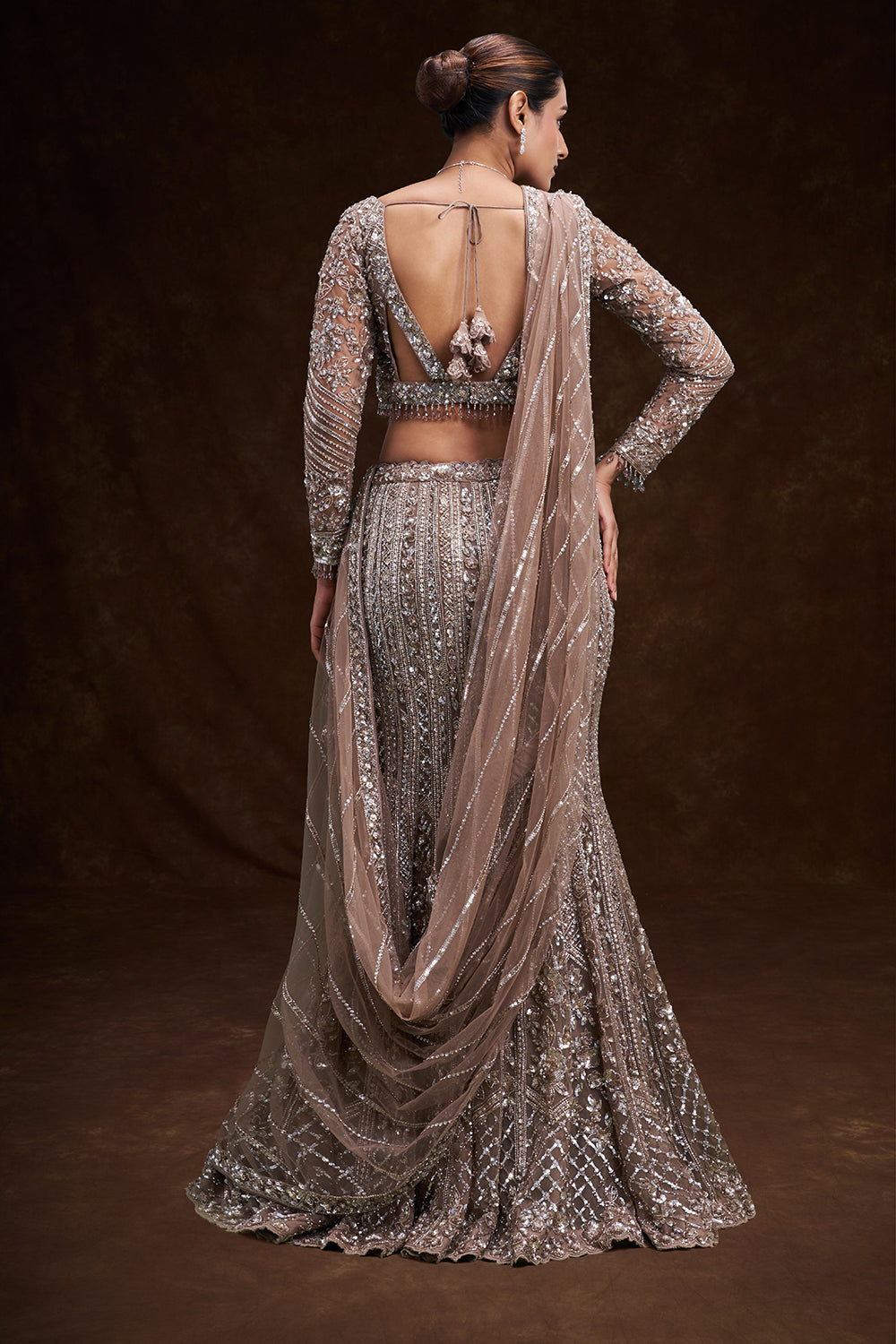 Gold Net Bridal Lehenga with Sculpted Sequin and Bead Embroidery
