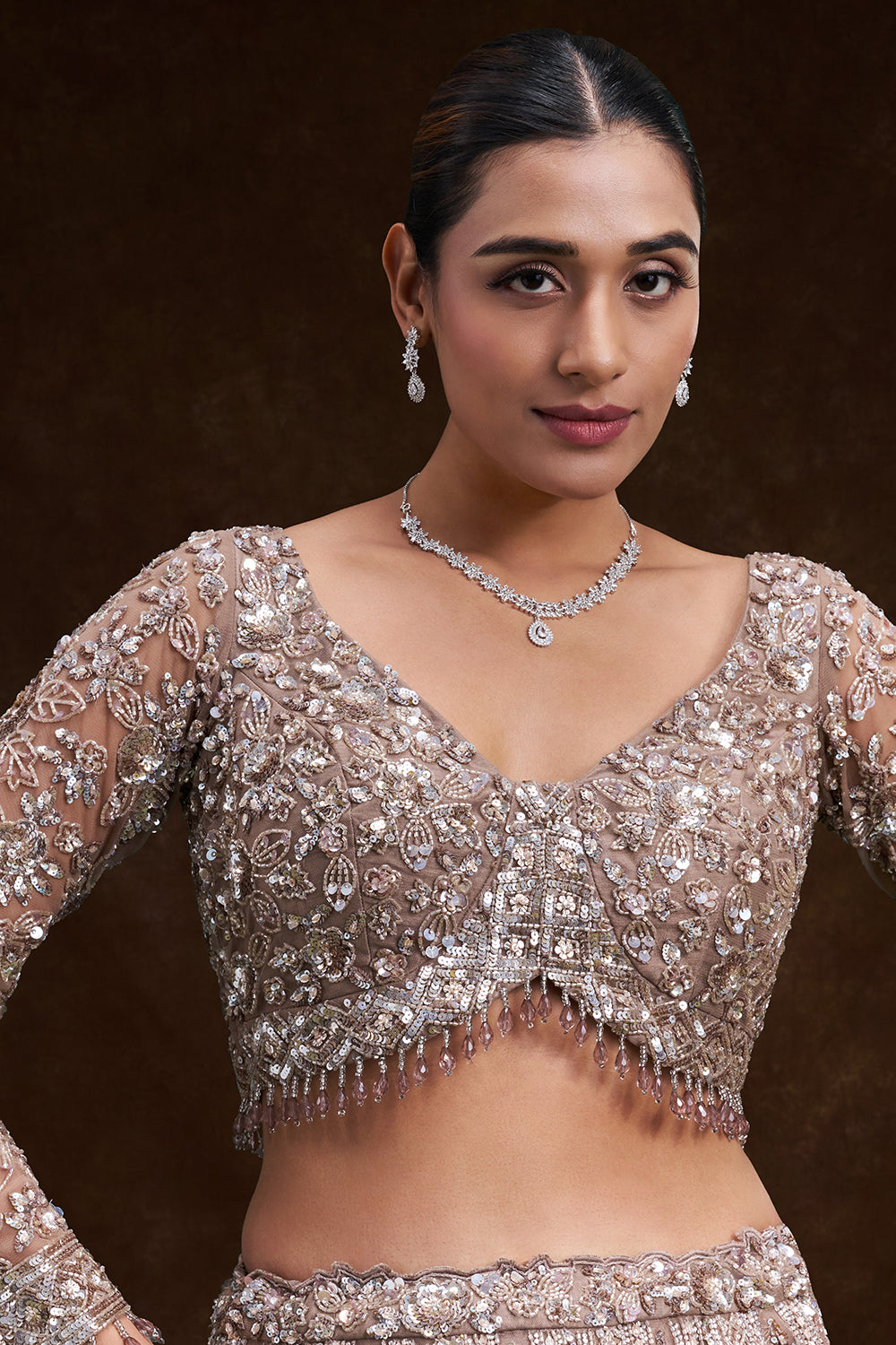 Gold Net Bridal Lehenga with Sculpted Sequin and Bead Embroidery