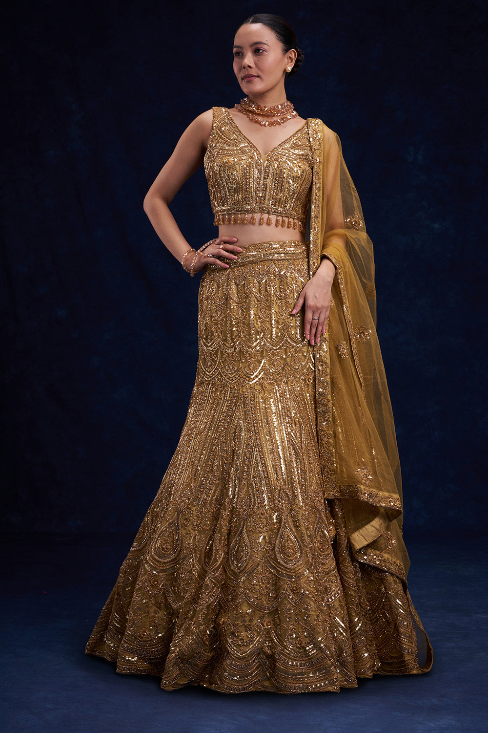 Gold Net Bridesmaid Lehenga with Cutdana, Sequin and Bead Work