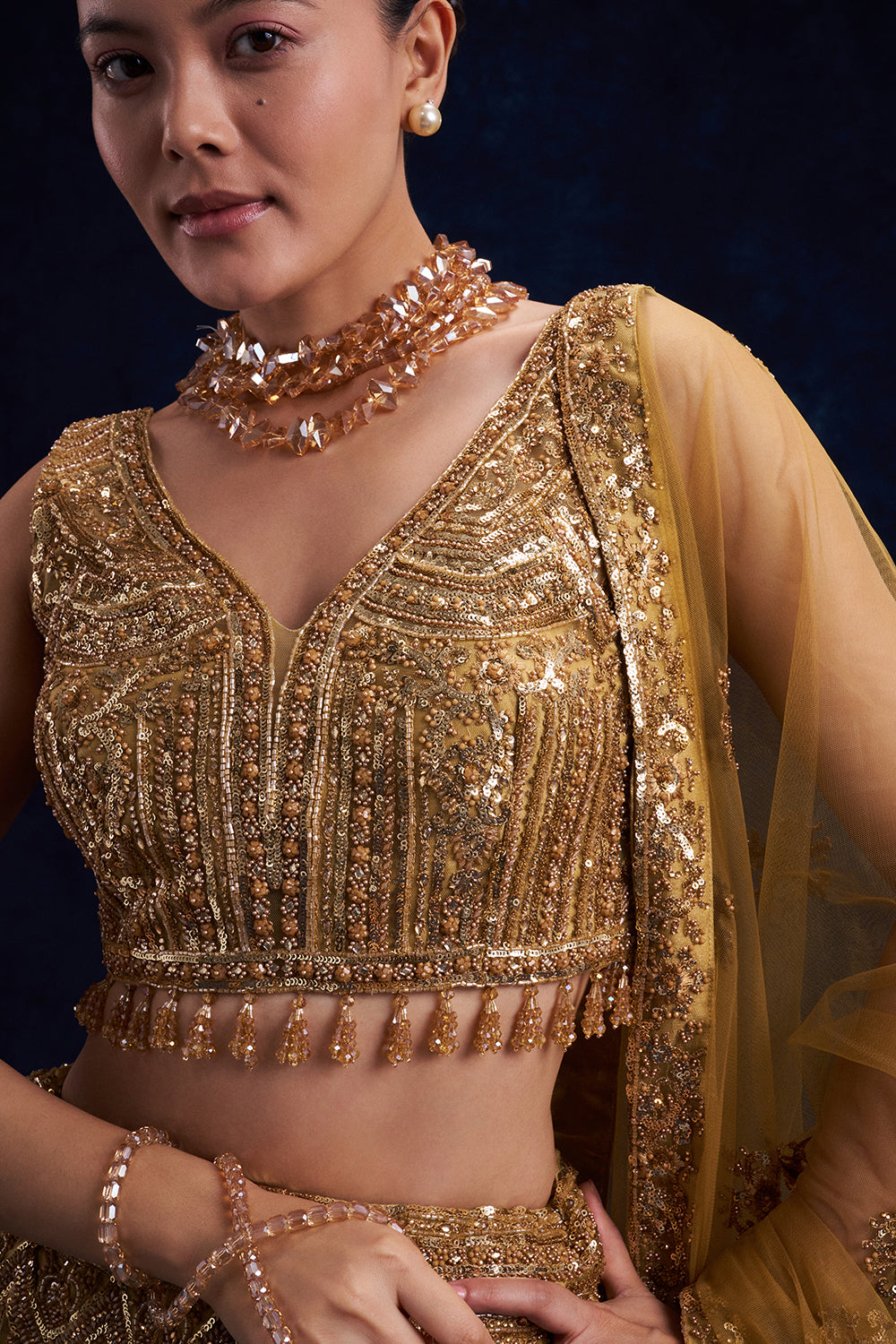 Gold Net Bridesmaid Lehenga with Cutdana, Sequin and Bead Work