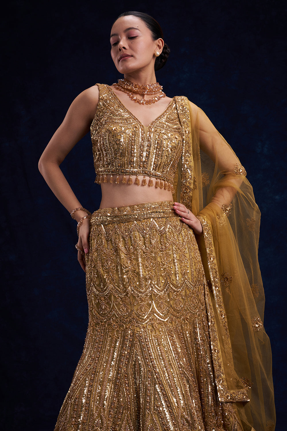 Gold Net Bridesmaid Lehenga with Cutdana, Sequin and Bead Work