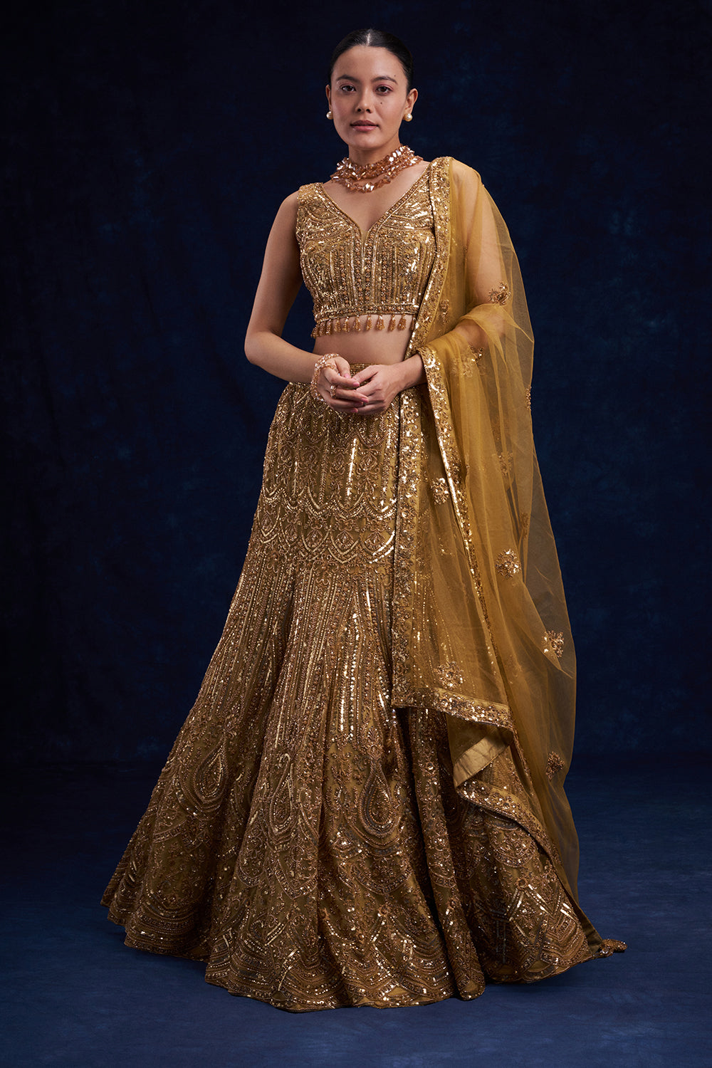 Gold Net Bridesmaid Lehenga with Cutdana, Sequin and Bead Work