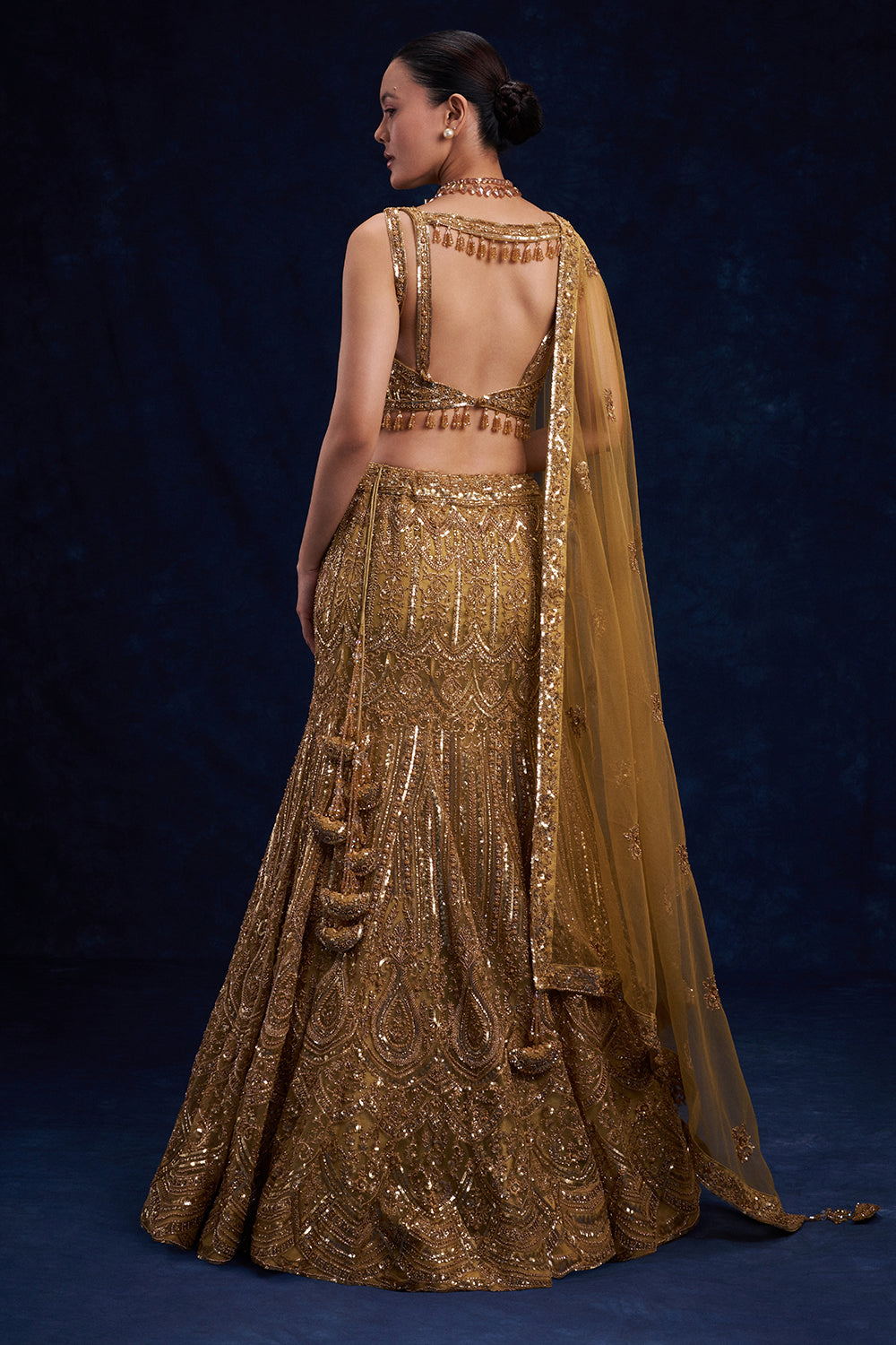 Gold Net Bridesmaid Lehenga with Cutdana, Sequin and Bead Work
