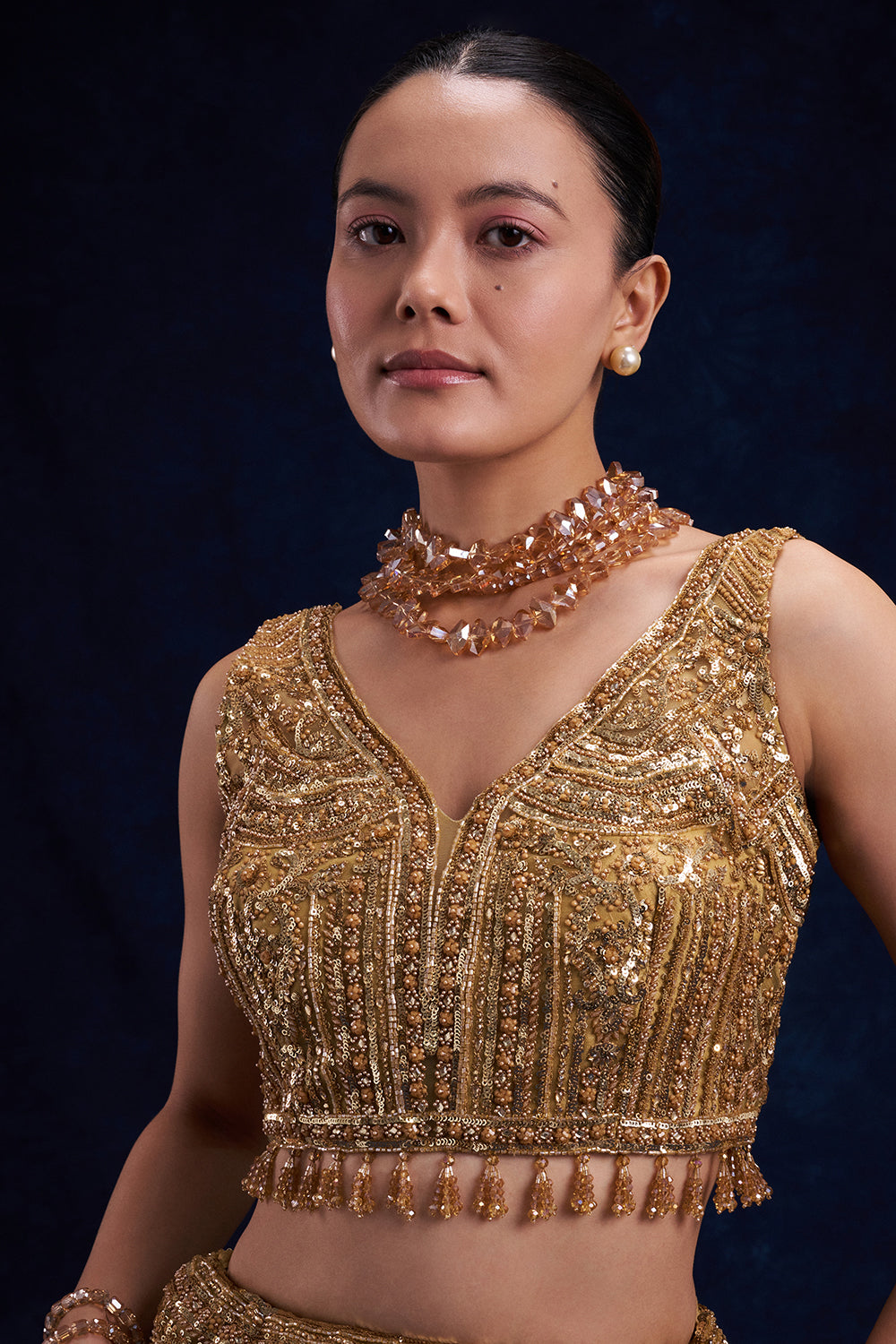 Gold Net Bridesmaid Lehenga with Cutdana, Sequin and Bead Work