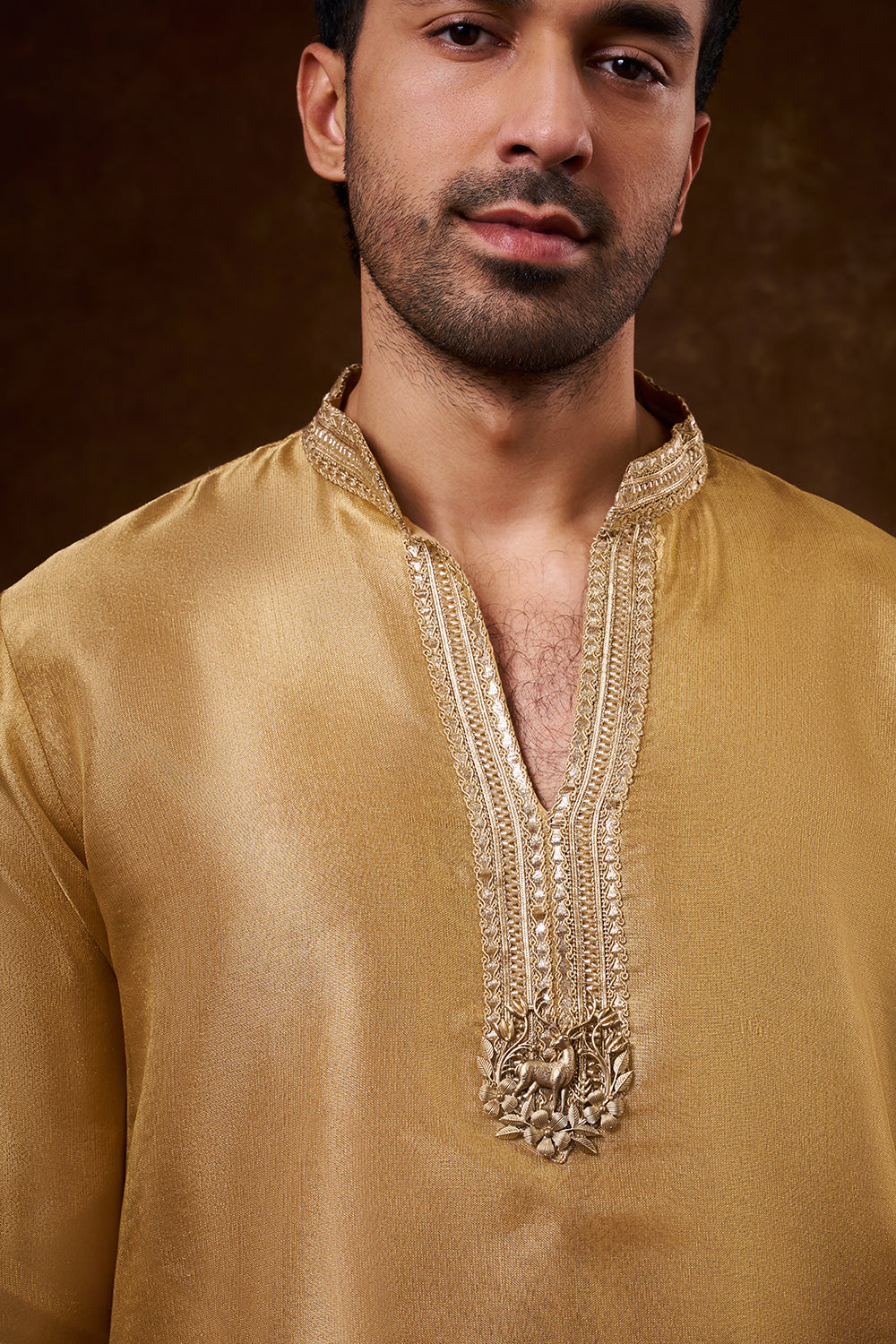Gold Net Men's Kurta Set with Dori Work
