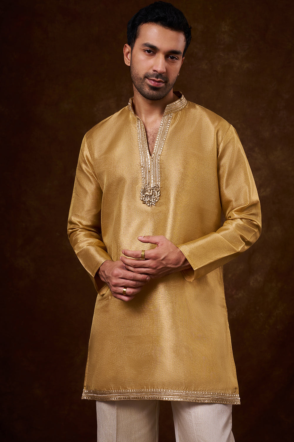 Gold Net Men's Kurta Set with Dori Work