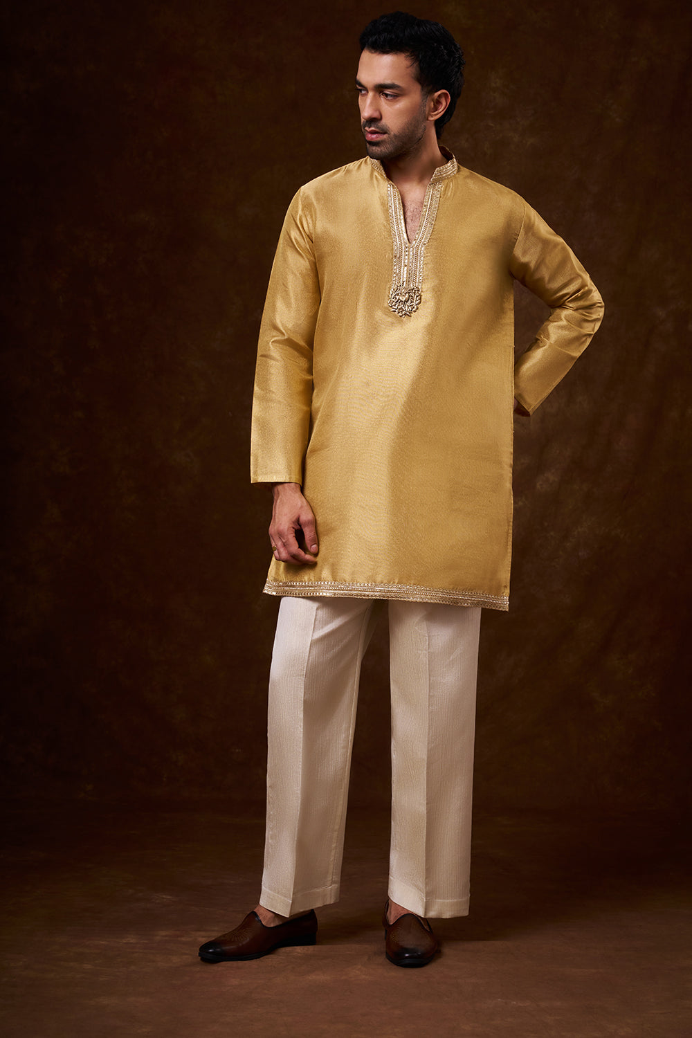 Gold Net Men's Kurta Set with Dori Work