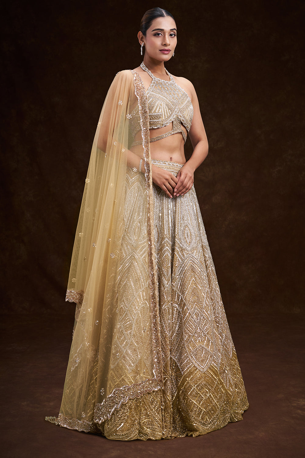 Gold Ombre Net Bridal Lehenga with Cutdana and Sequin Geometric Work