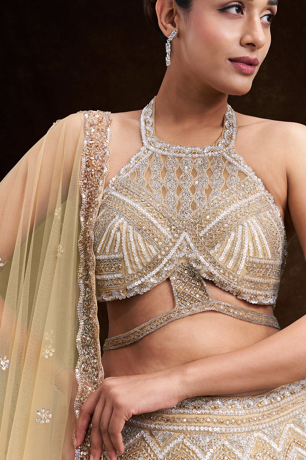 Gold Ombre Net Bridal Lehenga with Cutdana and Sequin Geometric Work