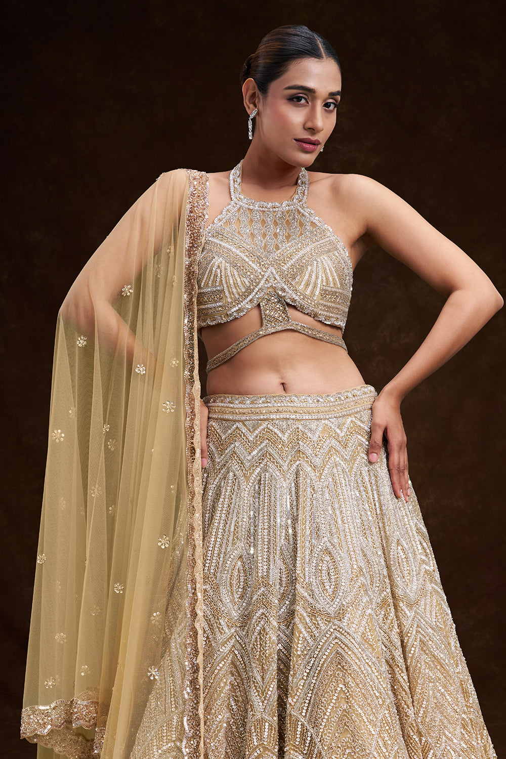 Gold Ombre Net Bridal Lehenga with Cutdana and Sequin Geometric Work