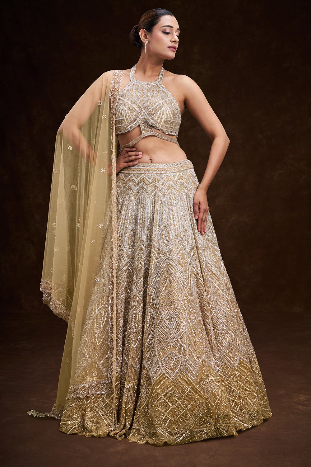 Gold Ombre Net Bridal Lehenga with Cutdana and Sequin Geometric Work