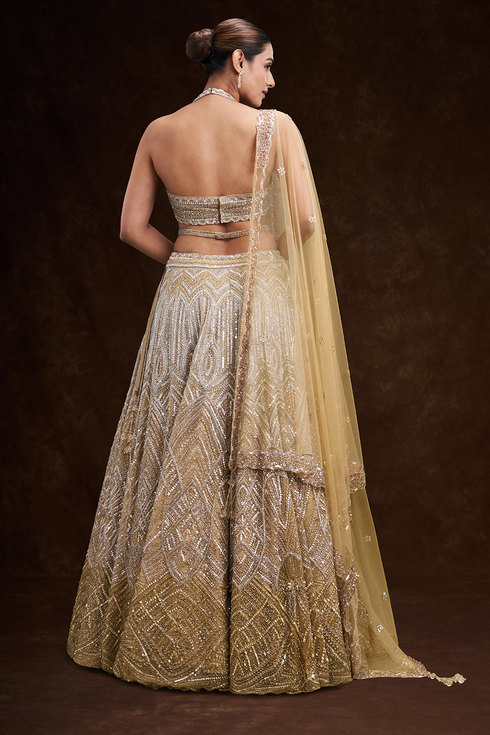 Gold Ombre Net Bridal Lehenga with Cutdana and Sequin Geometric Work