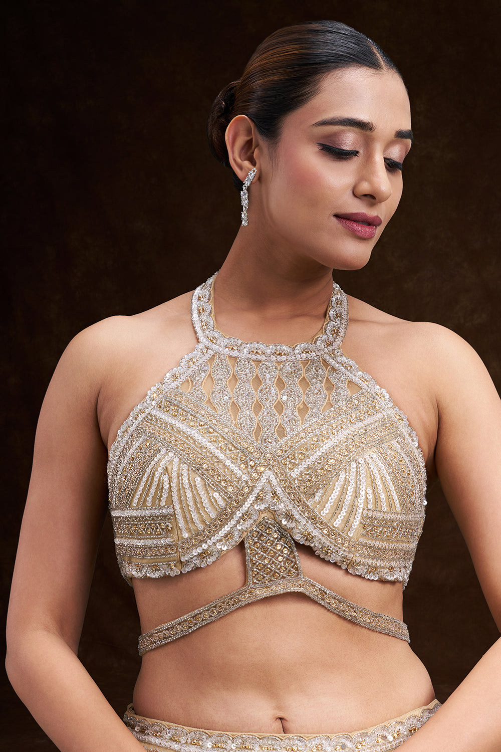 Gold Ombre Net Bridal Lehenga with Cutdana and Sequin Geometric Work