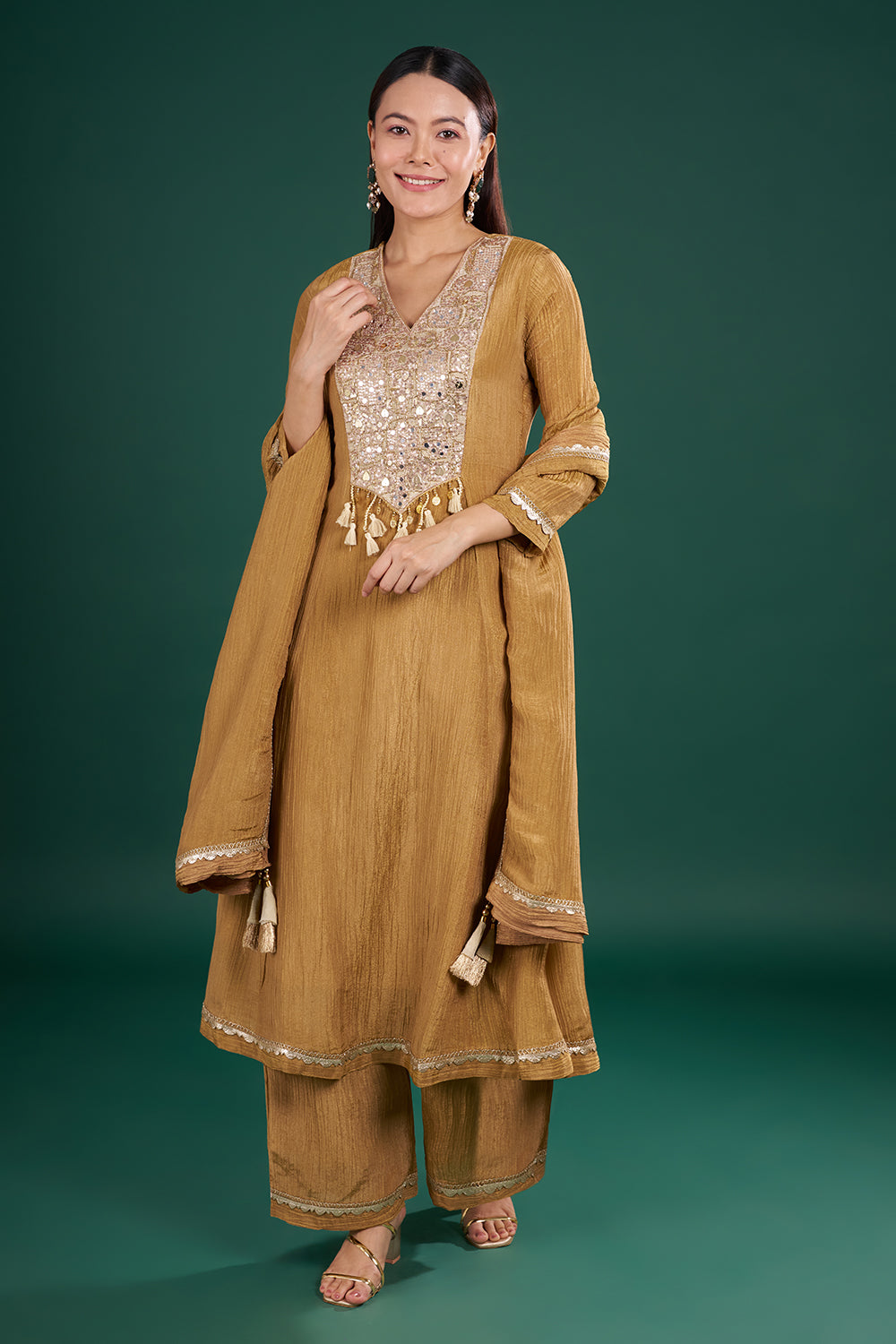 Gold Rust Kurta Set with Mirror Embroidery