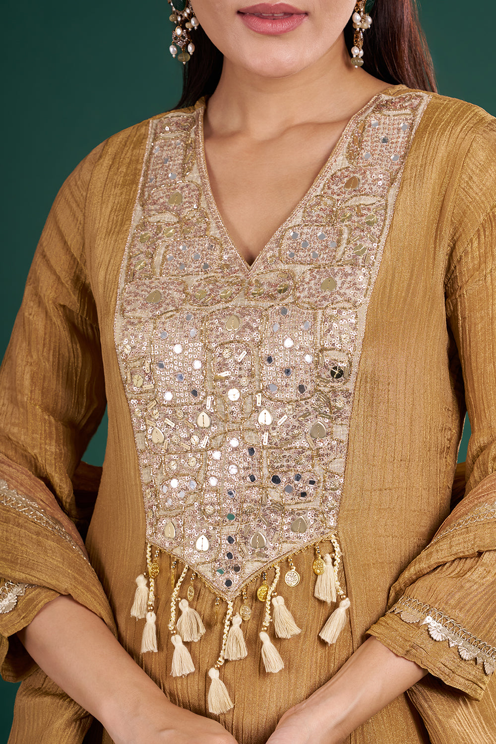 Gold Rust Kurta Set with Mirror Embroidery