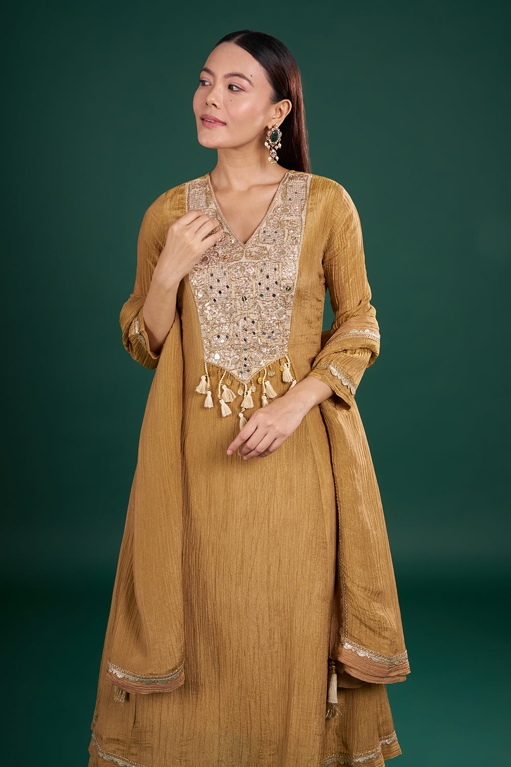Gold Rust Kurta Set with Mirror Embroidery