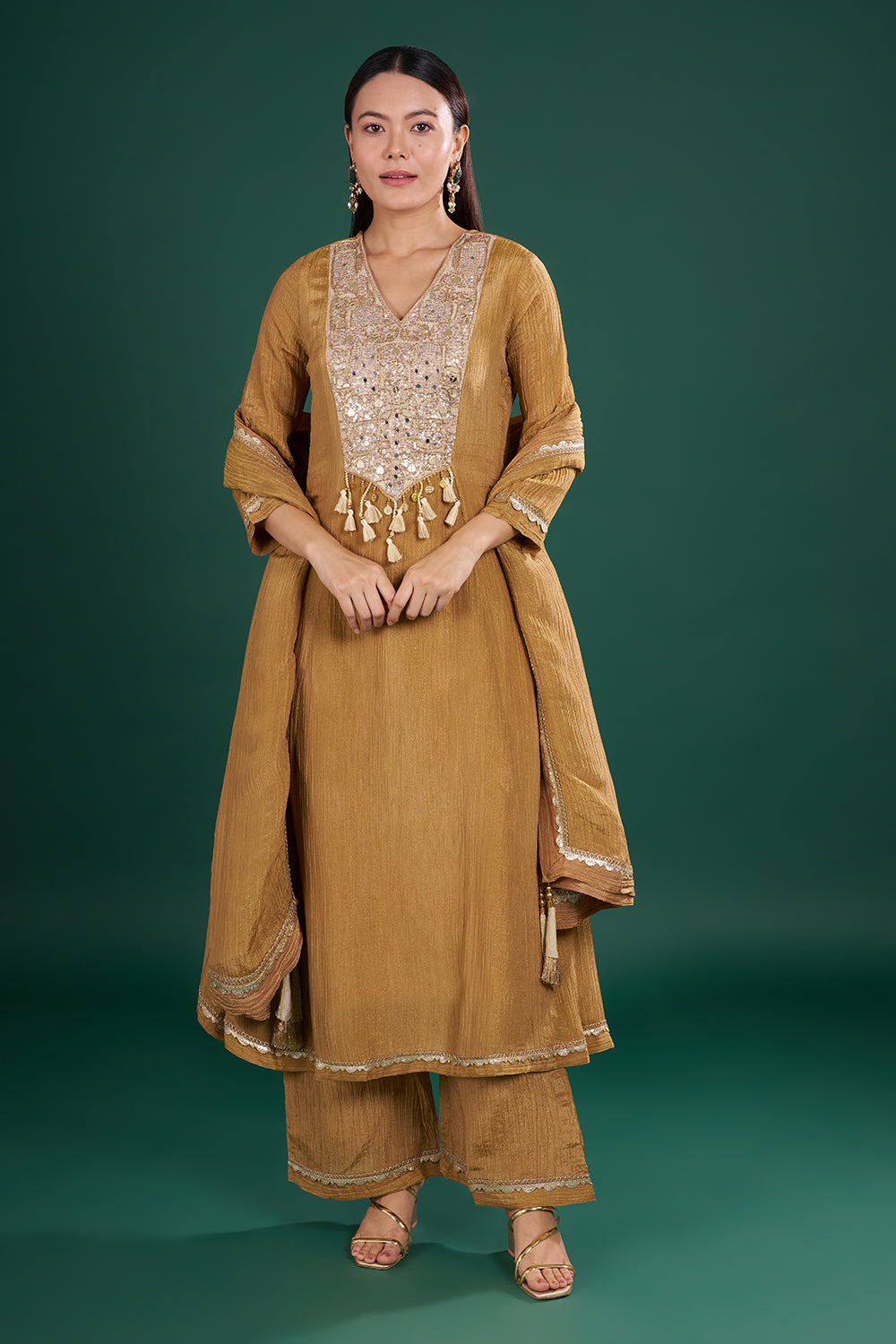 Gold Rust Kurta Set with Mirror Embroidery