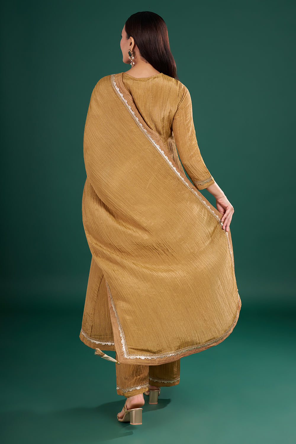 Gold Rust Kurta Set with Mirror Embroidery