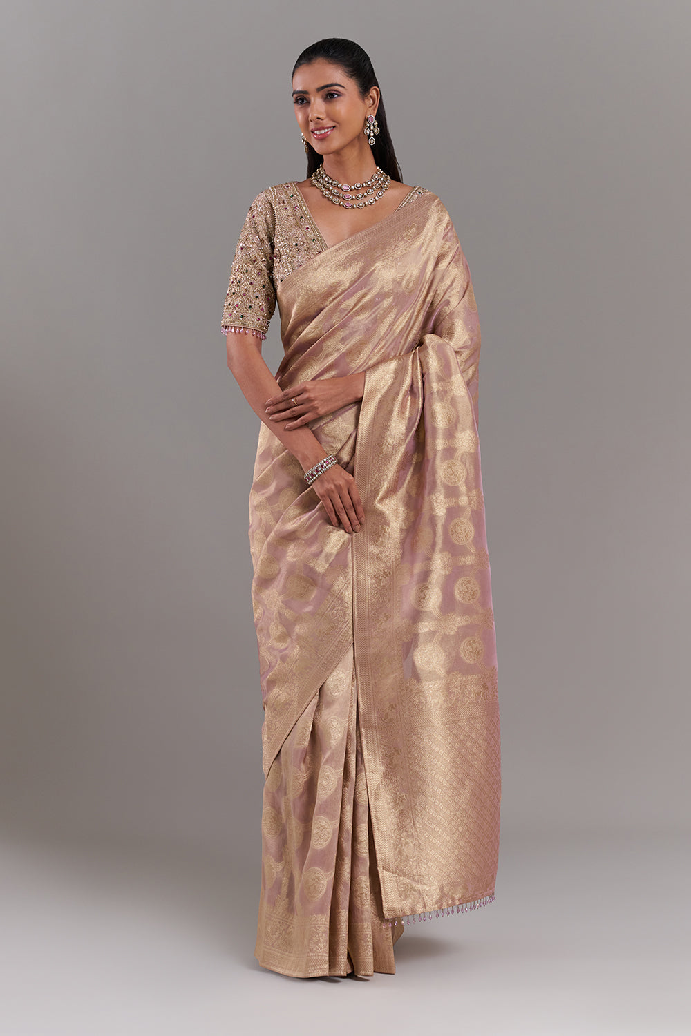 Mauve Gold Shimmer Organza Printed Saree with Stitched Blouse