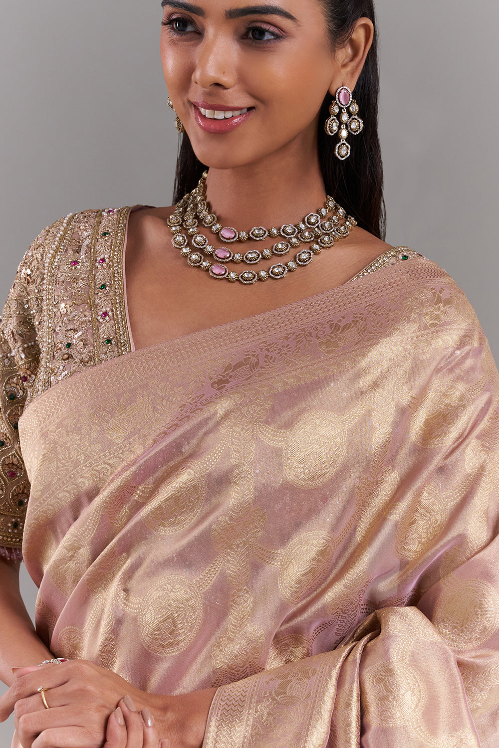 Mauve Gold Shimmer Organza Printed Saree with Stitched Blouse
