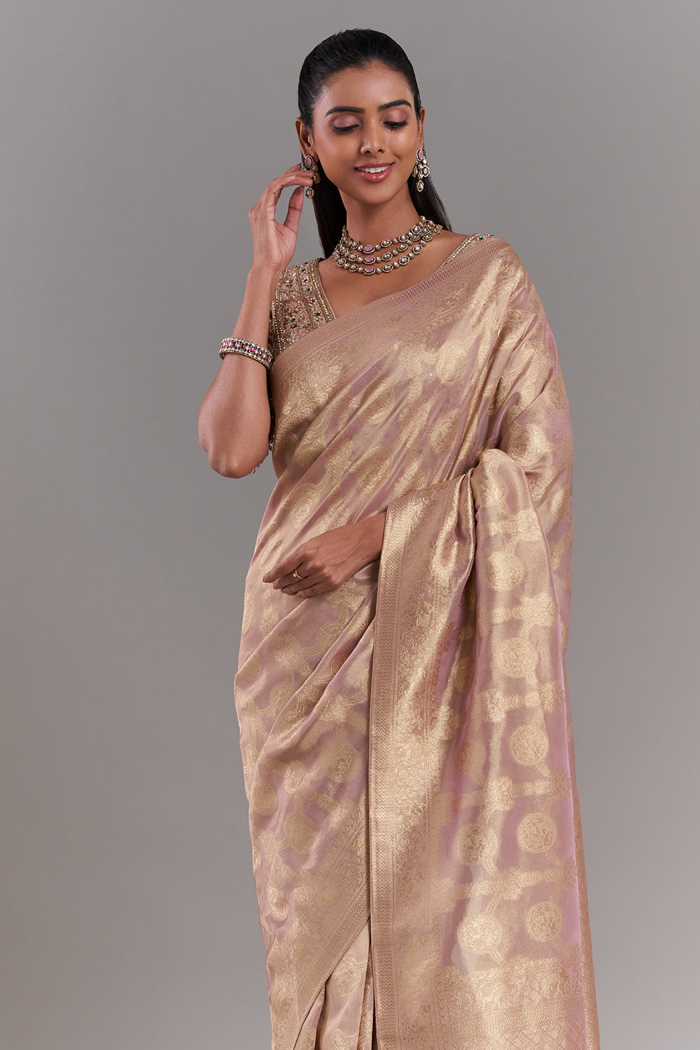Mauve Gold Shimmer Organza Printed Saree with Stitched Blouse