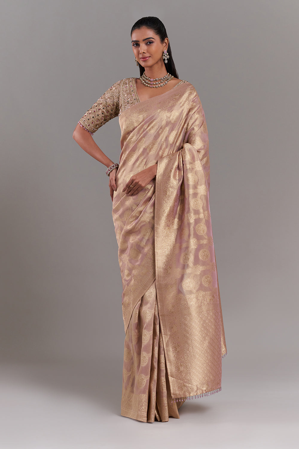 Mauve Gold Shimmer Organza Printed Saree with Stitched Blouse