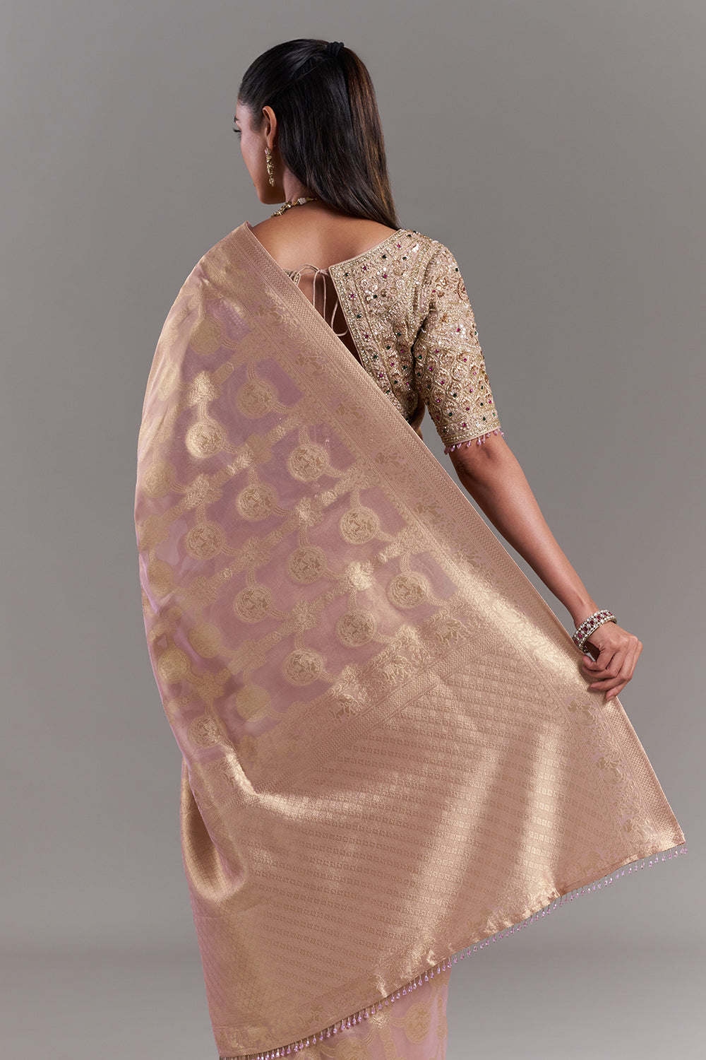 Mauve Gold Shimmer Organza Printed Saree with Stitched Blouse