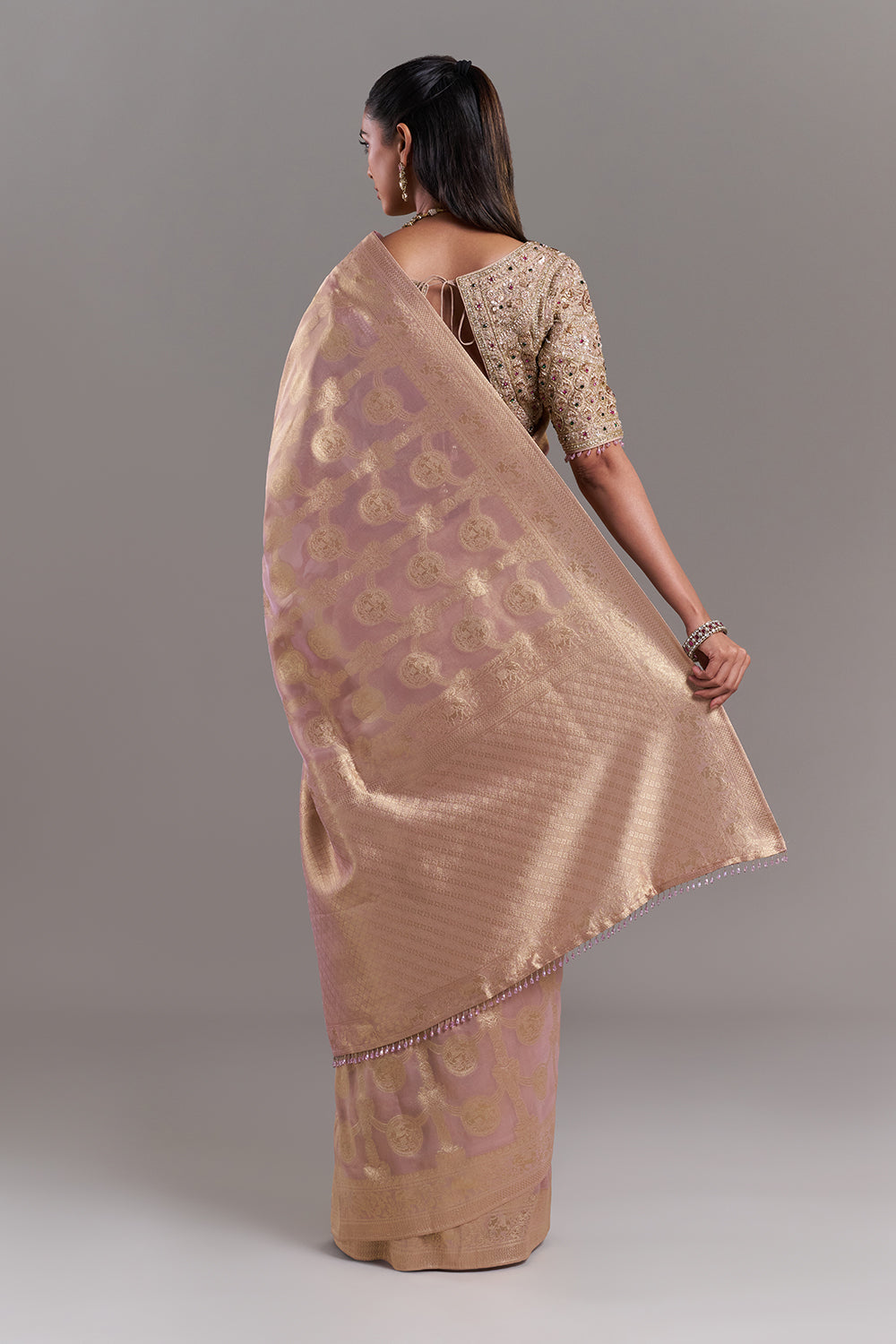 Mauve Gold Shimmer Organza Printed Saree with Stitched Blouse