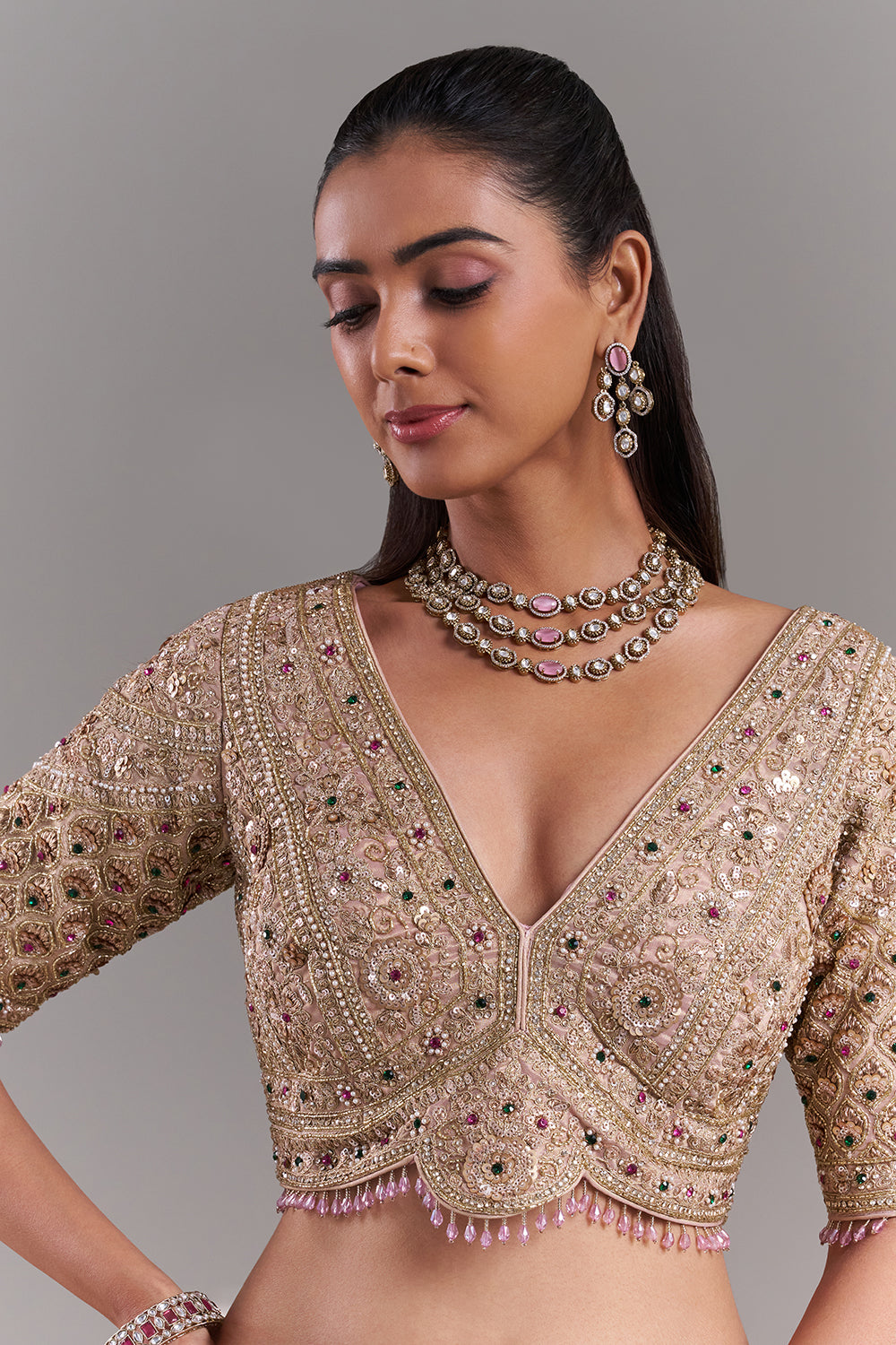 Mauve Gold Shimmer Organza Printed Saree with Stitched Blouse